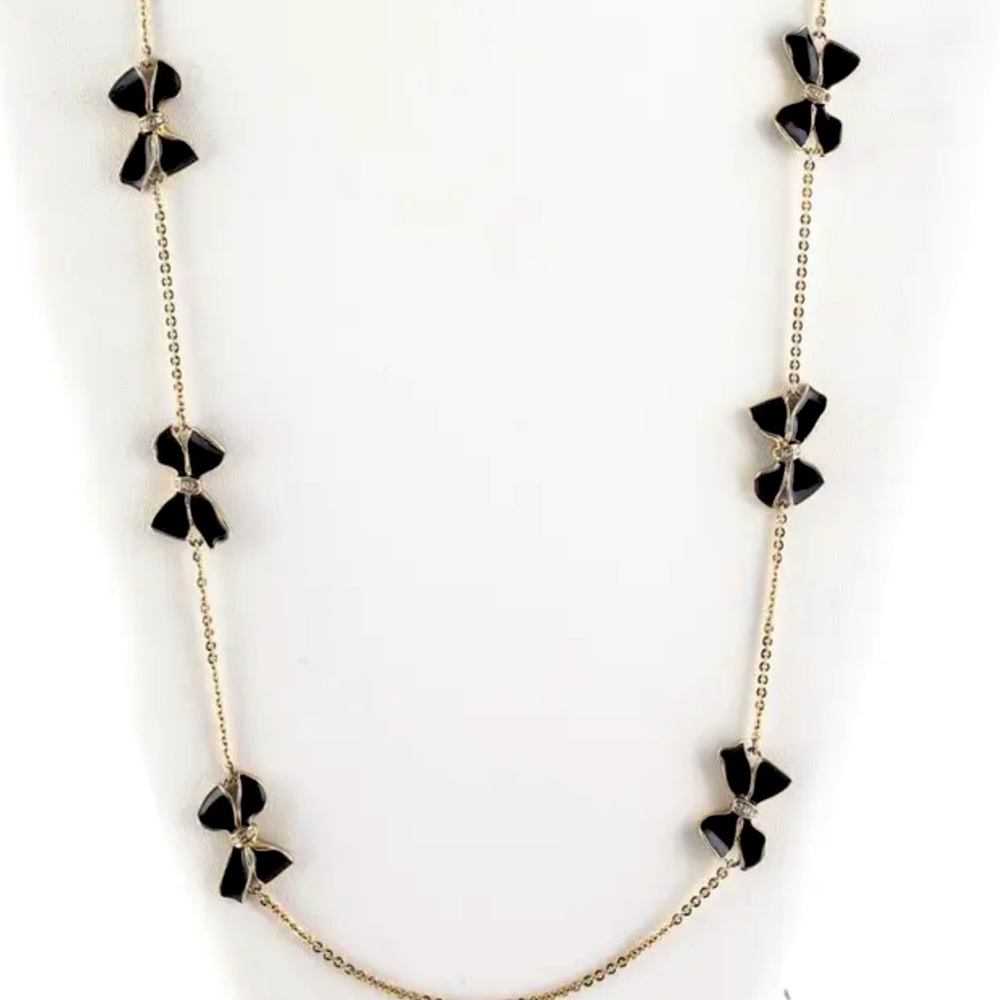 J. Crew Goldtone Chunky Black Enamel Rhinestone Bow Long Necklace